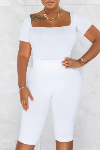 White Casual Sportswear Solid Patchwork U Neck Short Sleeve Two Pieces