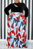Blue Casual Print Hollowed Out Patchwork Half A Turtleneck Plus Size Two Pieces