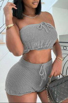 Grey Sexy Solid Patchwork Strapless Sleeveless Two Pieces Tube Crop Tops And Shorts Set