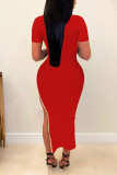 Rojo sexy sólido patchwork taladro caliente cremallera o cuello lápiz falda vestidos