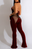 Rode sexy stevige patchwork doorzichtige backless halter bootcut jumpsuits