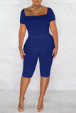 Deep Blue Casual Sportswear Solid Patchwork U-hals Kort ärm Två delar