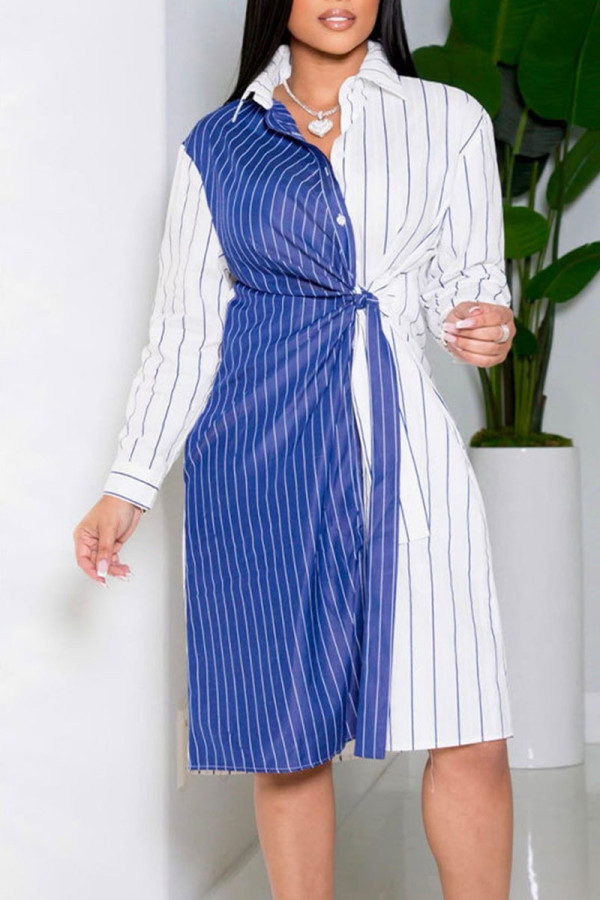 Blauwe casual gestreepte print bandage patchwork gesp turndown kraag rechte jurken