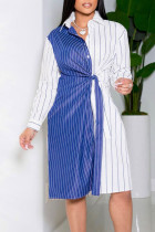 Синие повседневные прямые платья с полосатым принтом и повязками в стиле пэчворк с отложным воротником и пряжкой