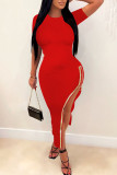 赤いセクシーなソリッド パッチワーク ホット ドリル ジッパー O ネック ペンシル スカート ドレス