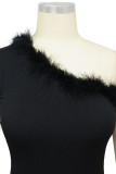 Black Sexy Solid Patchwork Feathers Oblique Collar One Step Skirt Dresses