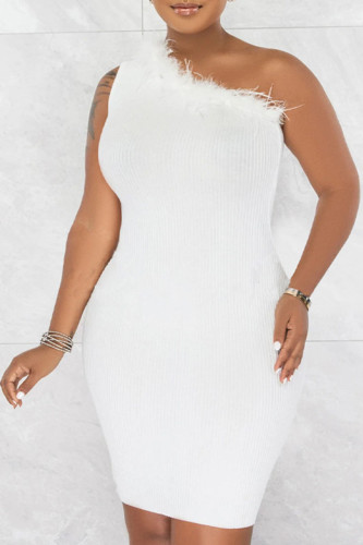 White Sexy Solid Patchwork Feathers Oblique Collar One Step Skirt Dresses