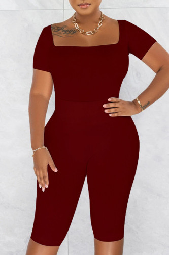 Burgundy Casual Sportswear Solid Patchwork U Neck Short Sleeve Two Pieces