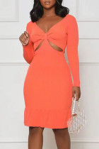 Tangerine Sexig solid urholkad lapptäcke volang V-hals pennkjol klänningar