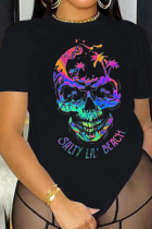 Svart Street Skull Patchwork O-hals T-shirts