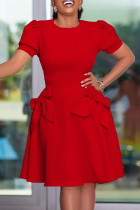 Rood casual effen patchwork met strik O-hals A-lijn jurken