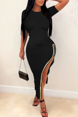 Black Sexy Solid Patchwork Hot Drill Zipper O Neck Pencil Skirt Dresses