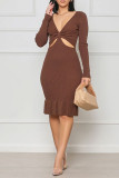 Coffee Sexy Solid Hollowed Out Patchwork Flounce V Neck Pencil Skirt Dresses