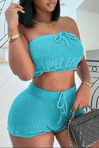 Light Blue Sexy Solid Patchwork Strapless Sleeveless Two Pieces Tube Crop Tops And Shorts Set