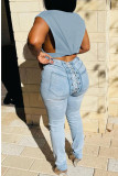 Jaqueta jeans regular com fivela de patchwork azul claro Street sem mangas
