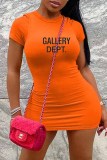 Tangerine Casual Print Letter O Neck One Step Skirt Dresses