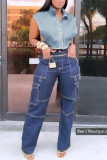 Giacca di jeans regolare senza maniche con colletto rovesciato con fibbia patchwork in tinta unita blu intenso