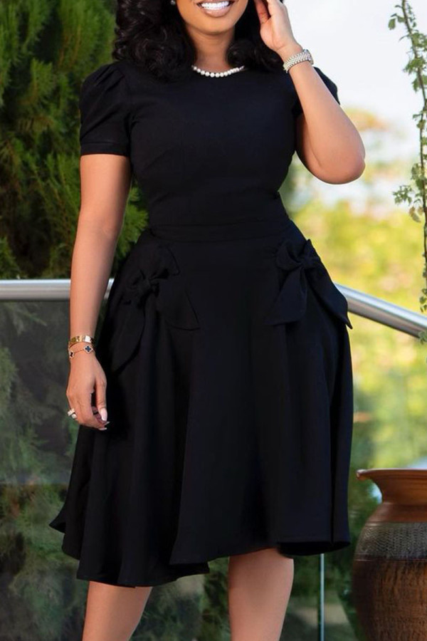 Zwart casual effen patchwork met strik O-hals A-lijn jurken