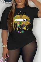 Schwarze Party-Weinlese-Lippen bedruckte Patchwork-T-Shirts mit O-Ausschnitt