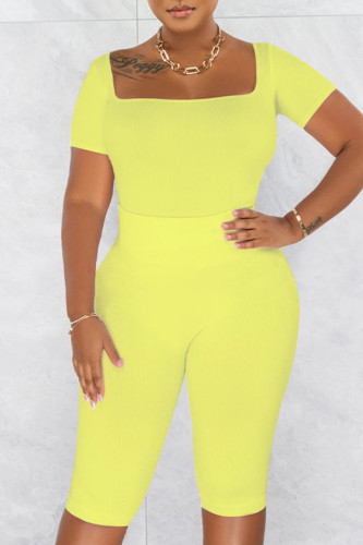 Light Yellow Casual Sportswear Solid Patchwork U Neck Short Sleeve Two Pieces