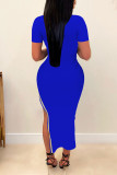 Синее сексуальное однотонное лоскутное горячее сверло на молнии с круглым вырезом юбка-карандаш платья