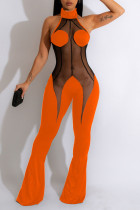Oranje sexy effen patchwork doorzichtige backless halter bootcut jumpsuits