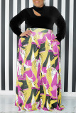 Lemon Yellow Casual Print Hollowed Out Patchwork Half A Turtleneck Plus Size Two Pieces