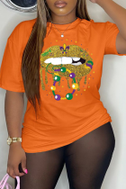 Camisetas con cuello en O de patchwork con estampado de labios vintage de fiesta naranja