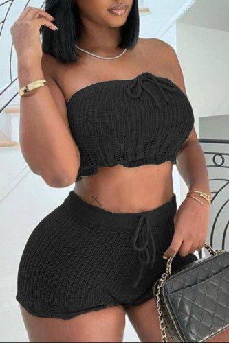 Black Sexy Solid Patchwork Strapless Sleeveless Two Pieces Tube Crop Tops And Shorts Set