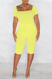 Светло-желтый Повседневная спортивная одежда Однотонный Пэчворк U-образный вырез С короткими рукавами Из двух частей