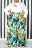 Green Casual Print Hollowed Out Patchwork Half A Turtleneck Plus Size Two Pieces
