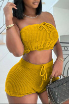 Yellow Sexy Solid Patchwork Strapless Sleeveless Two Pieces Tube Crop Tops And Shorts Set