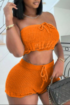 Orange Sexy Solid Patchwork Strapless Sleeveless Two Pieces Tube Crop Tops And Shorts Set