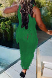 Verde Sexy Borla Sólida Retalhos vazados Vestidos com gola alta e saia em um degrau
