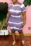 Purple Casual Print Tie-dye O Neck Short Sleeve Dress Plus Size Dresses