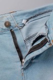 Saia jeans skinny cintura alta azul lisa casual rasgada patchwork