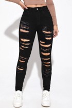 Black Casual Solid Ripped Patchwork High Waist Skinny Denim Jeans