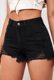 Black Casual Solid Patchwork High Waist Regular Hot Pant Ripped Denim Shorts