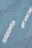Veste en jean droite décontractée à manches longues et col rabattu à col rabattu et patchwork uni bleu