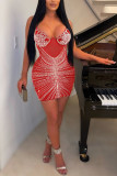 Roze Sexy Solid See-through Hot Drill Spaghetti Strap Sling Dress Jurken