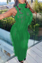 Verde sexy sólido borla ahuecado hacia fuera patchwork medio cuello alto un paso falda vestidos