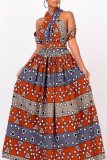 Baksteenrode vintage elegante print bandage patchwork asymmetrische kraag A-lijn jurken