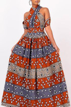 Ladrillo rojo vintage elegante estampado vendaje patchwork cuello asimétrico una línea de vestidos