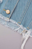 Giacca di jeans dritta a maniche lunghe con colletto rovesciato a maniche lunghe con fibbia patchwork blu casual da strada