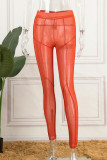 Red Sexy Solid See-through Skinny High Waist Pencil Solid Color Trousers