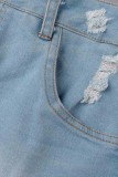Faldas de mezclilla flacas de cintura alta de patchwork rasgado sólido informal azul