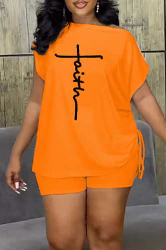 Orange Casual Print Patchwork O Neck Short Sleeve Two Pieces