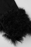 Черная повседневная однотонная пуговица в стиле пэчворк с перьями и отложным воротником Верхняя одежда