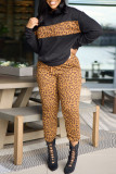 Bruin casual print luipaard patchwork O-hals lange mouw tweedelig