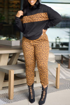 Zwart casual print luipaard patchwork O-hals lange mouwen twee stukken